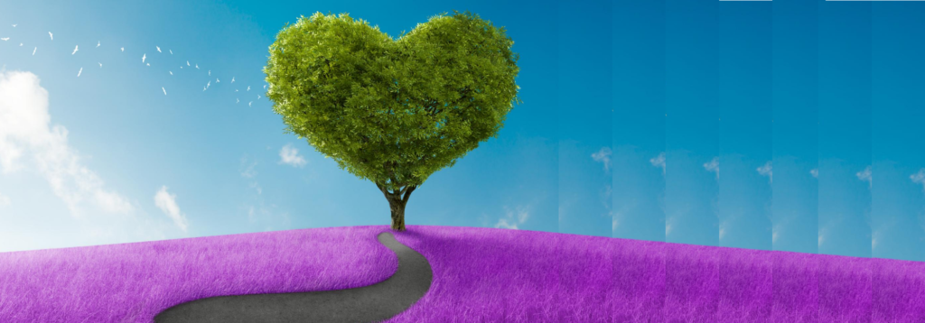 Heart shaped Tree with blue sky and purple landscape