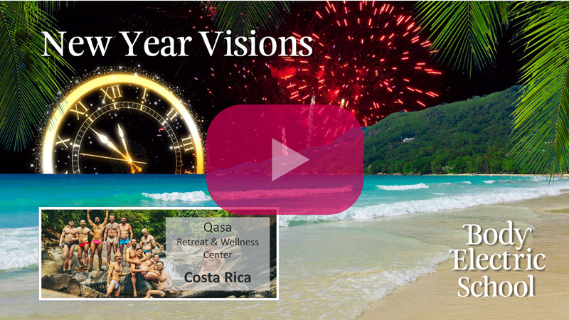 Exotic beach location with fireworks and a clock that is about to strike midnight in the sky
