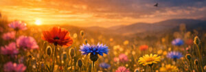 Meadow of flowers at dawn and a bird flying by