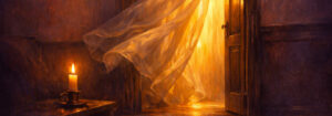 A softly lit threshold moment — an open doorway between a dim, warm interior and a glowing unknown space beyond, warm golden light spilling through sheer, rippling fabric caught mid-motion like a held breath.